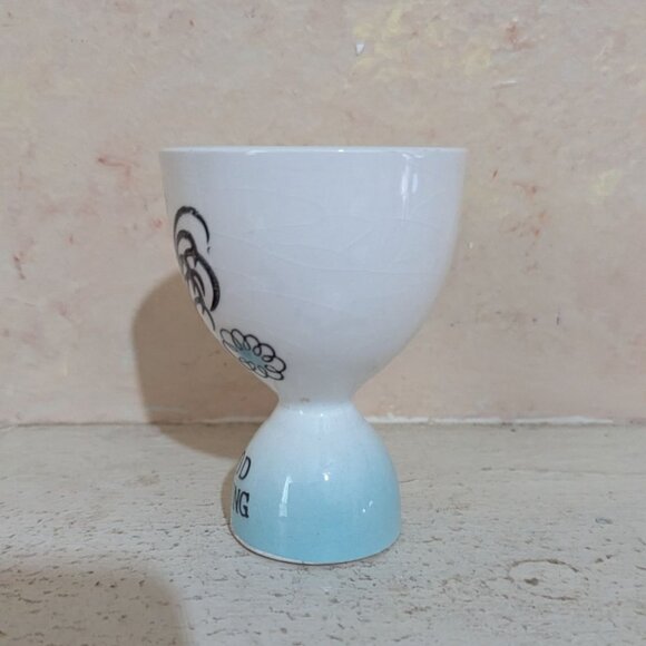 vintage Good Morning Rooster Ceramic Egg Cup White Blue 3.5 Farmhouse Kitsch - Picture 3 of 7
